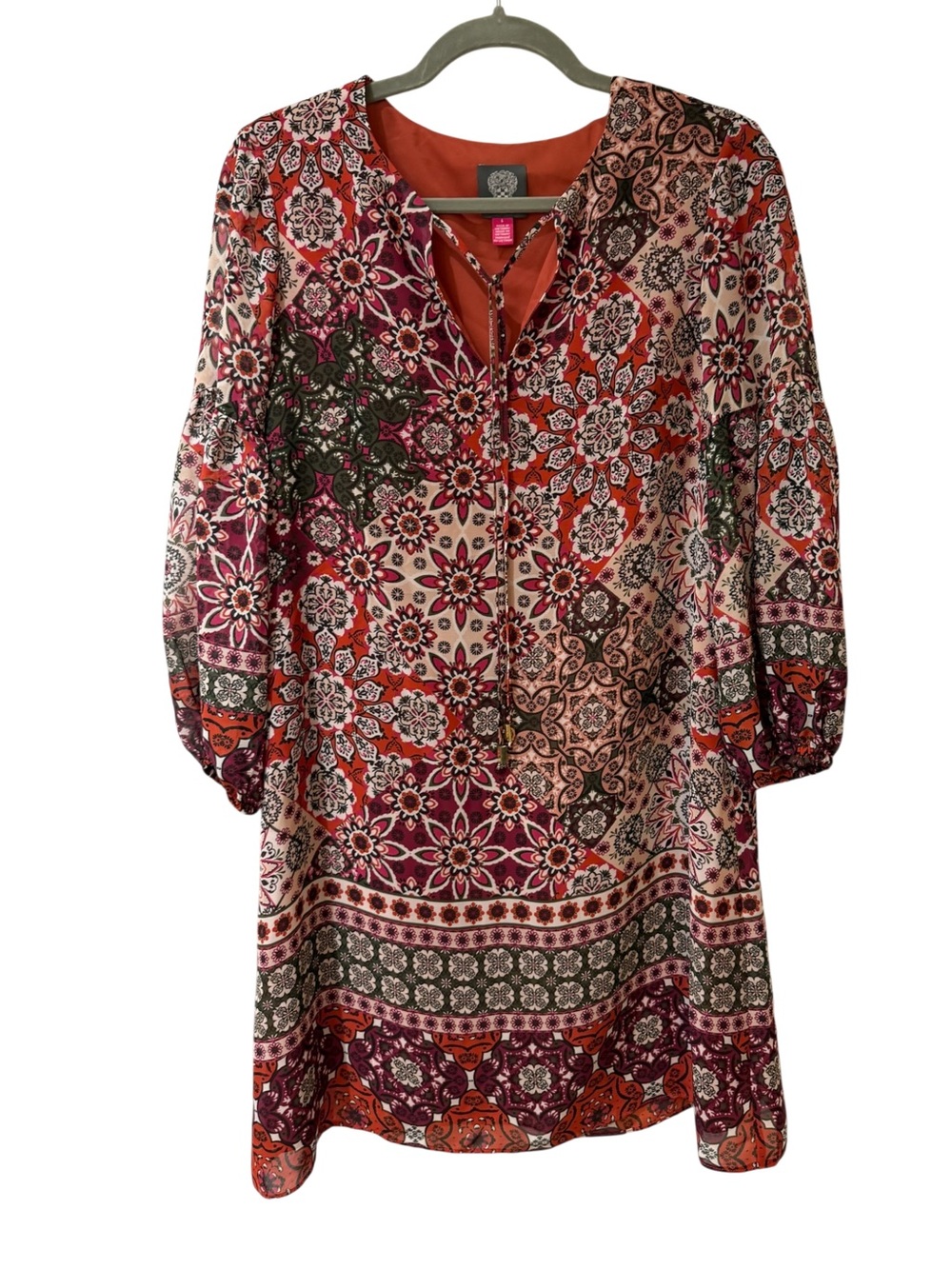 Boho Floral Patchwork Vince Camuto Dress in Rust and Burgundy-size 6